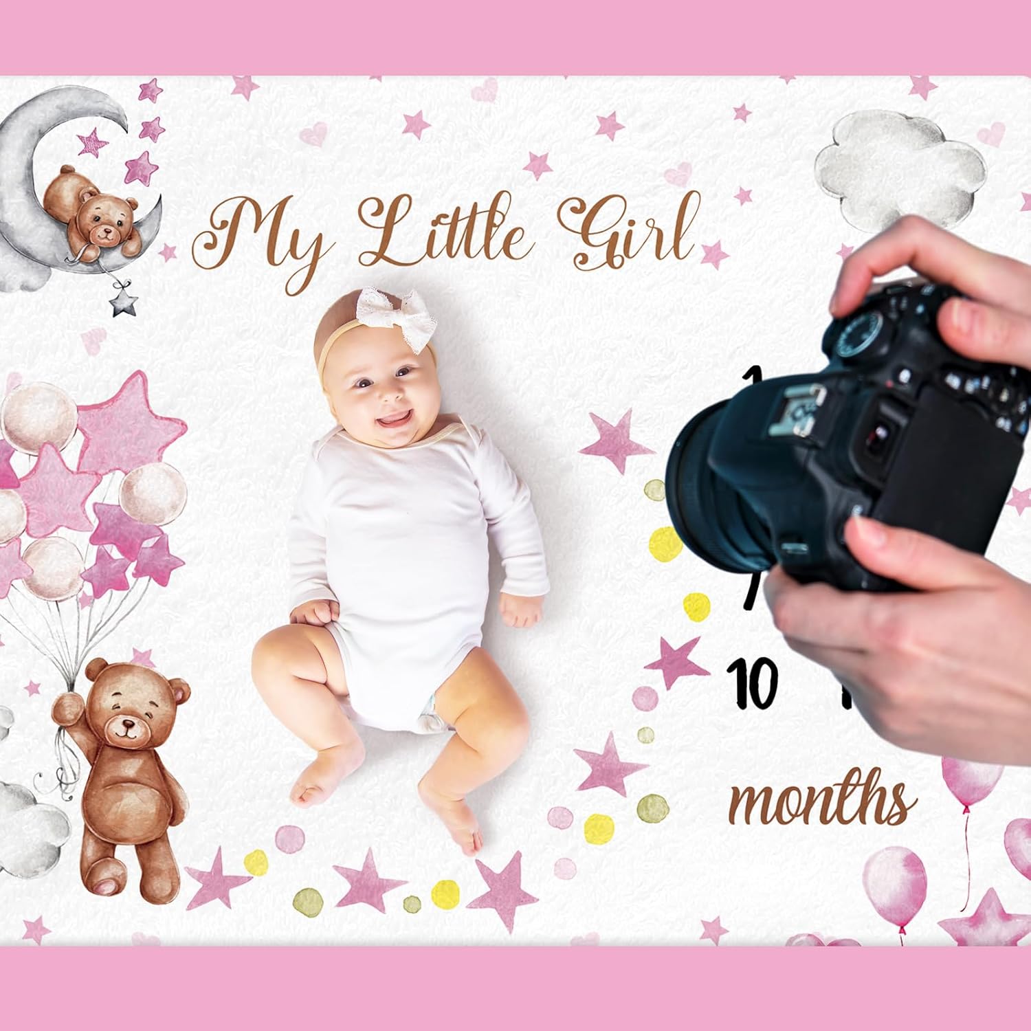 Photography Newborn - VIKAMA マンスリーベビー成長記録フォトブランケット クマ 星 バルーン柄 フランネルブランケット