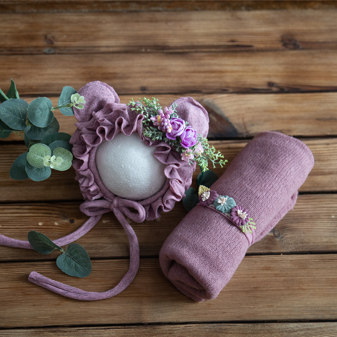 Photography Newborn - 新生児ストレッチニットモヘアラップレースフリル縫製ボンネットとヘッドバンド写真撮影プロップベビーラップ 3 点セット