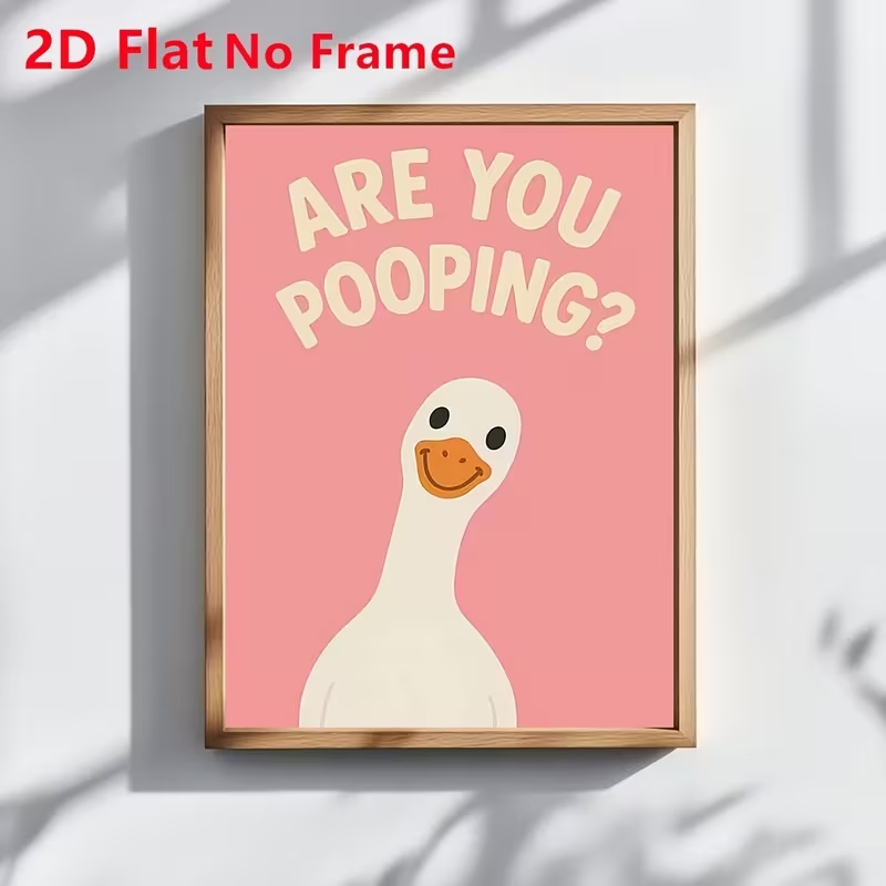 Photograph Lyrics - モダンなピンクカラーの「Are You Pooping」の言葉が入った笑顔のアヒルのウォールアートプリントキャンバス絵画ポスター、洗面所や家の装飾に