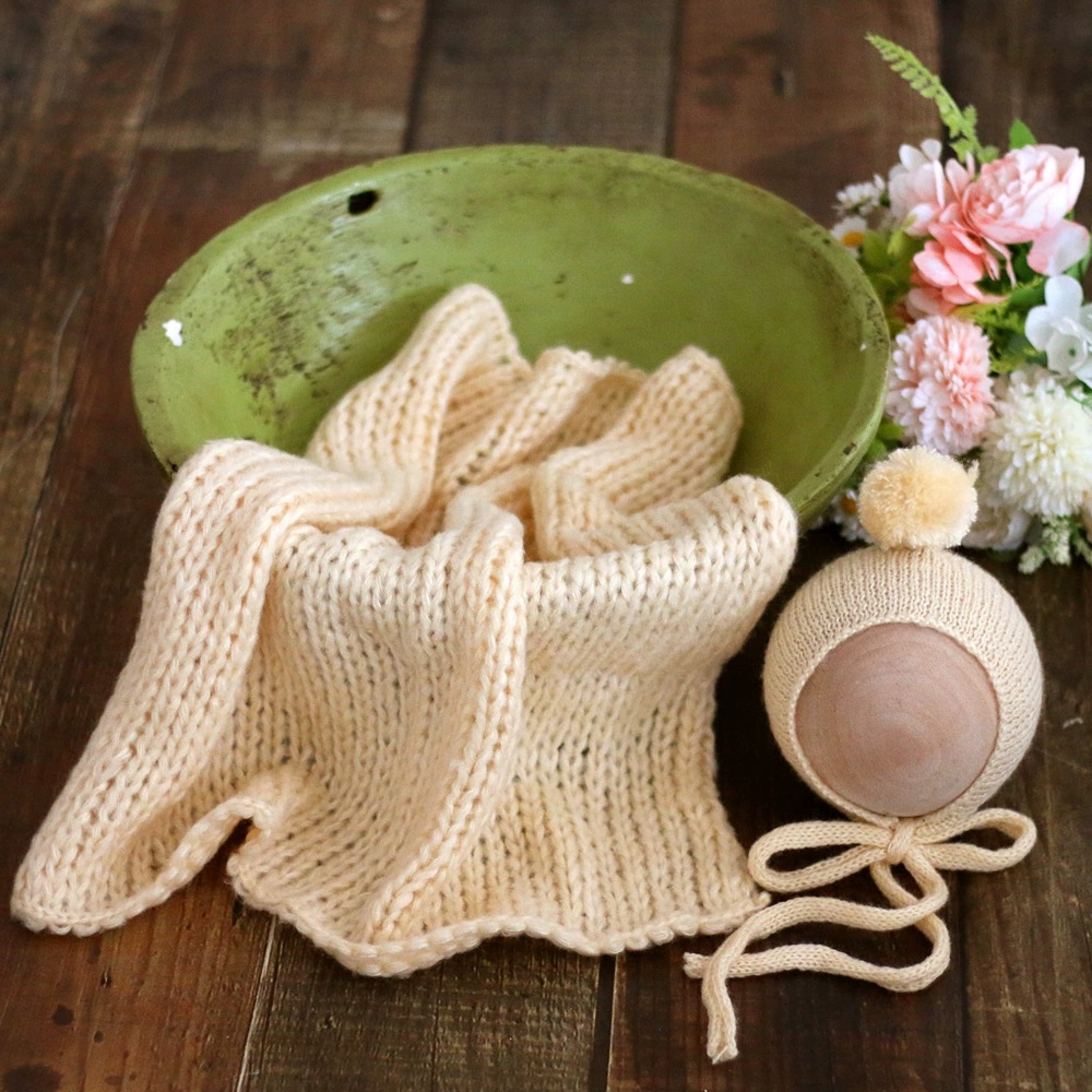 Photography Newborn - モヘアニットベビーブランケット 帽子付き 新生児写真撮影用小道具 厚手ベビー写真撮影用ブランケット フォトマット バスケットフィラー